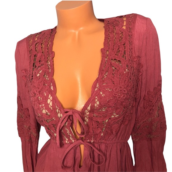 American Threads Lace Top Womens Mauve Long Sleeve Cinch Waist Size S - Picture 2 of 13